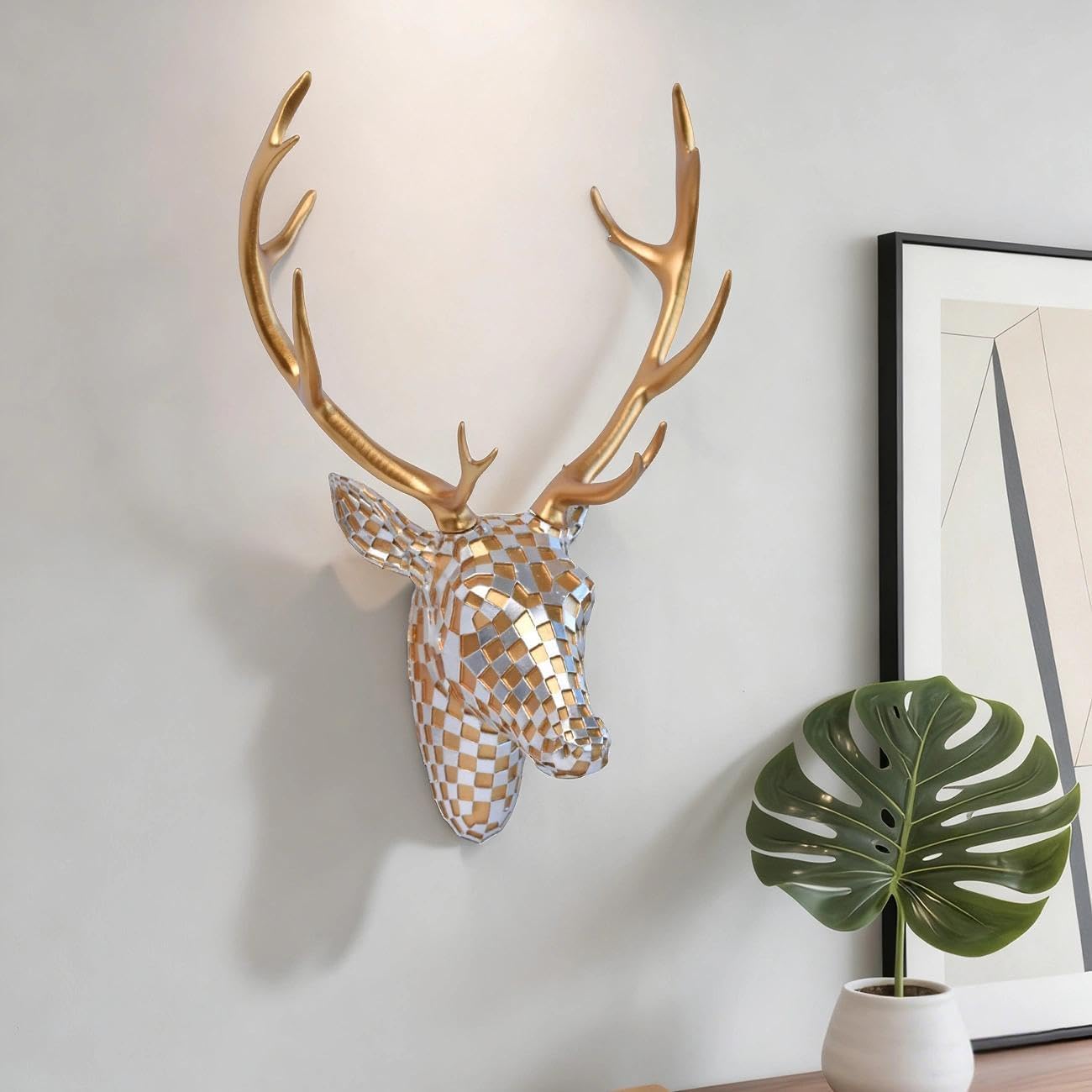 GIGICICI Mosaic Deer Head Wall Decor 15.7x8.7 Inch, Artistic Faux Resin Animal Head Wall Sculpture Hanging for Living Room Bedroom Kitchen Office, Gold-Silver Gift