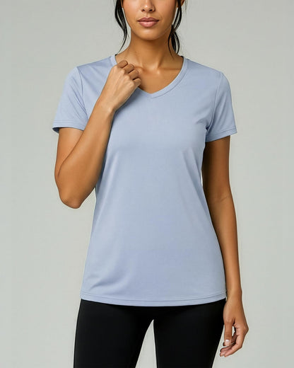 Real Essentials 5 Pack: Women's Dry-Fit Short Sleeve V Neck T Shirt Workout Fitness Yoga Top Tee, Set 16, L