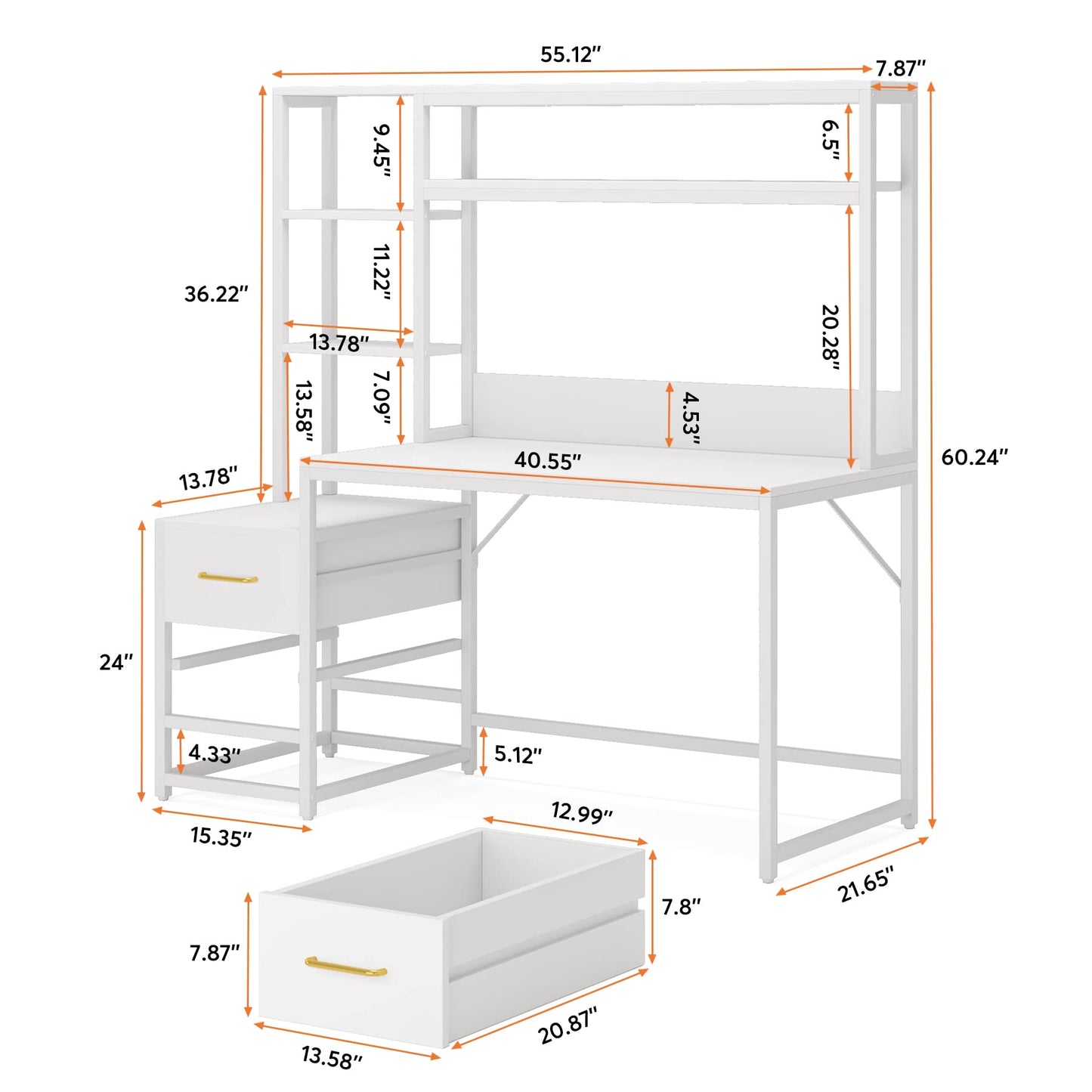 Tribesigns 55 Inch Computer Desk with 2 Drawers and Storage Shelves, Rustic Office Desk with Hutch, Study Writing Gaming Table Laptop Workstation for Home Office (White)