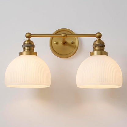 2-Light Gold Wall Sconces,Vintage Bathroom Wall Sconce Light with Milk Glass Double Arm Brass Bathroom Vanity Light for Living Room Bedroom Kitchen E26 Hardwire Indoor
