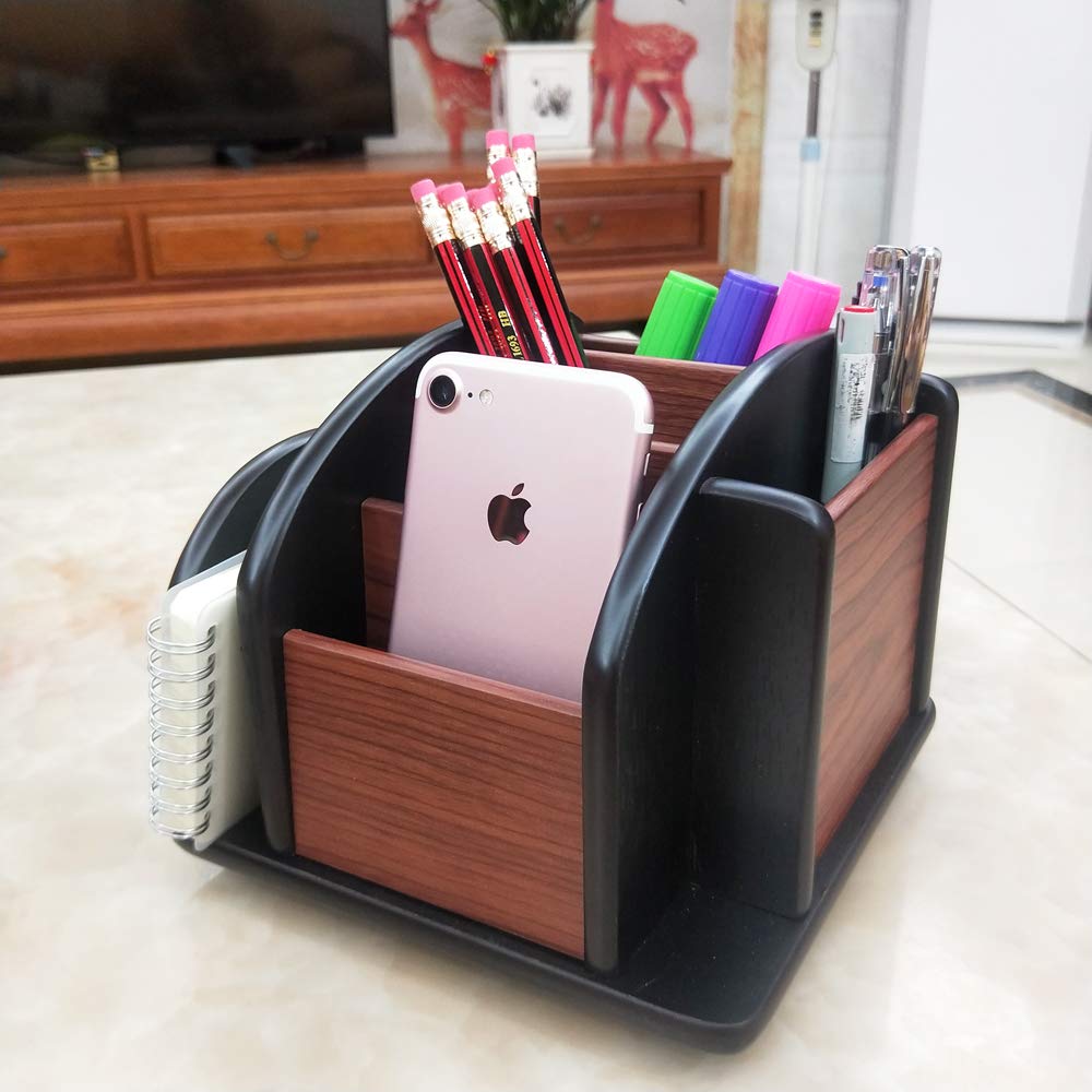 YCL YUCHUNLIN Revolving Remote control caddy,Wooden pen holder for desk office supplies stationery storage, Multi function home & office desktop organizer YCL875R