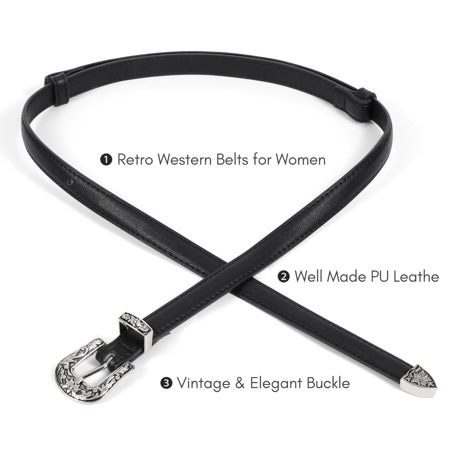 SUOSDEY Western Skinny Leather Belts for Women Adjustable Thin Waist Belt for Dresses with Vintage Buckle