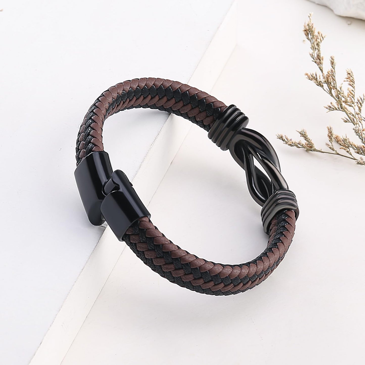 QWNHONEY Boyfriend Birthday Gift Ideas Infinity Knot Leather Christmas Anniversary Mens Brown Braided Cuff Bracelet 8.5 Inches