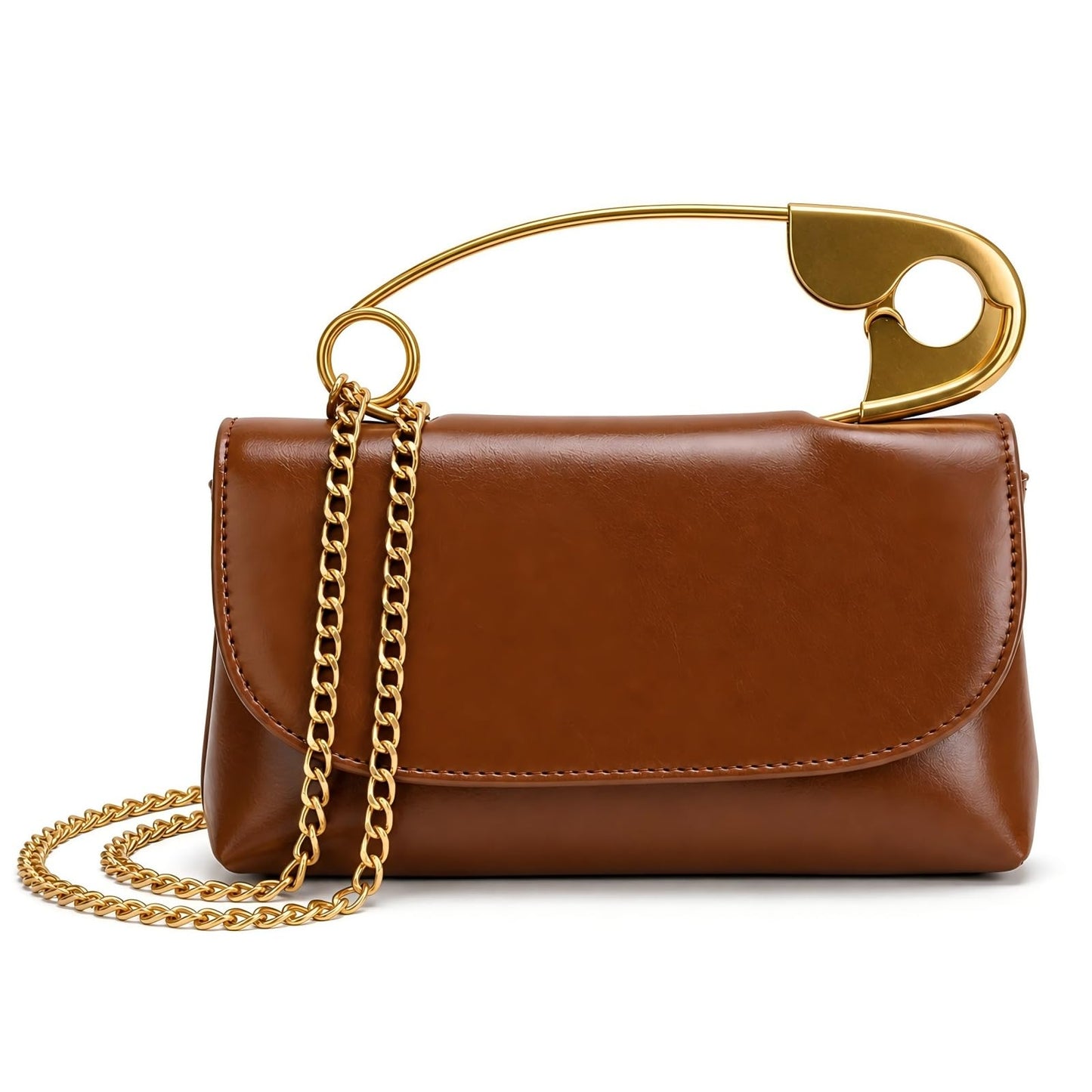 Women's Unique Novelty Clutch Purse Leather Pin Crossbody Bag with Gold Handles Chain for Evening Date Daily Shopping (Brown)