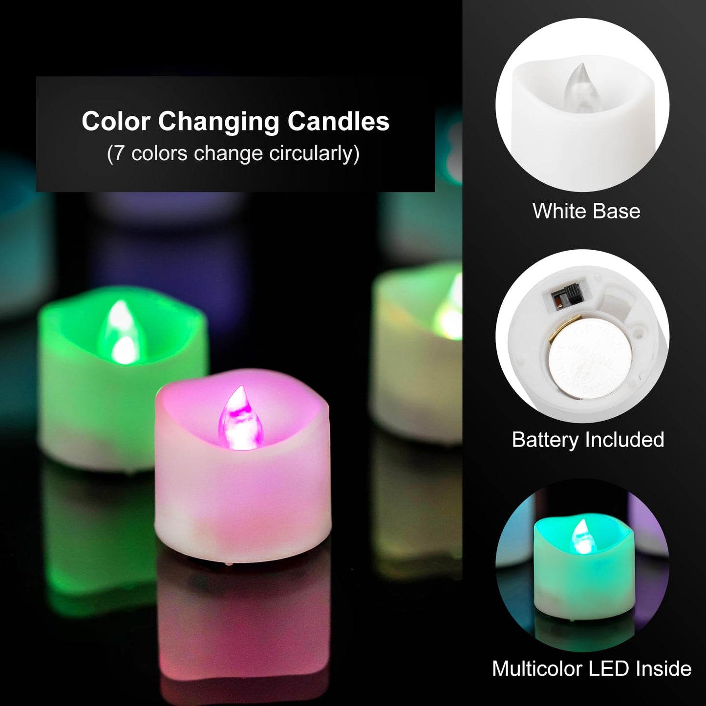 Windshell Color Changing Tealight Candles (White Base), 6H Timer (No Remote), 7-Color Auto Cycle Battery Operated Flameless LED Tea Lights, for Easter Halloween Christmas, 12 Pack