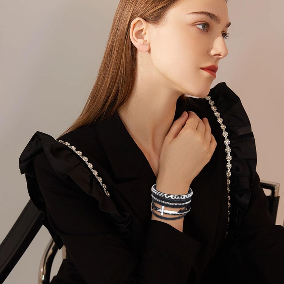 CARICY Cross Bracelets Leather Wrap Bracelets for Women Trendy Layered Clasp Bangle Cuff Stacked Bracelet Jewelry Birthday Christmas