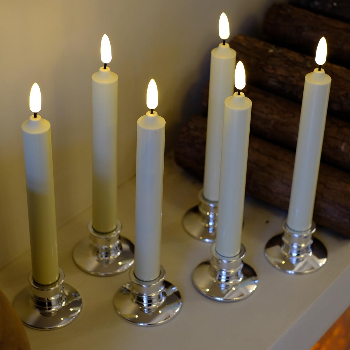 6PACK Flameless Battery Powered 8'' Ivory Taper Windows Candles, Include 12 AA Batteries, with Remote and Timer, with Suction Cup and Removable Silver Candleholders, Remote Included, Patented