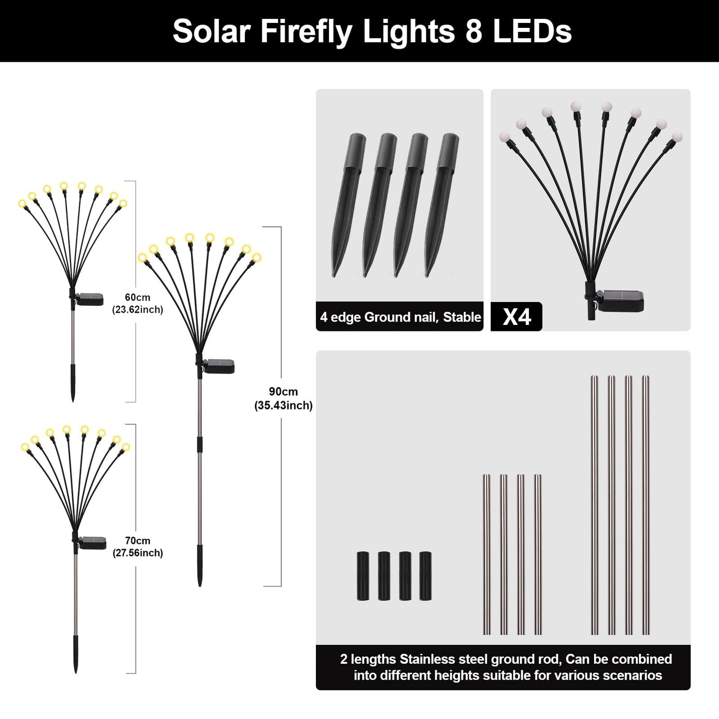 Petriveil Solar Firefly Lights Warm White, 8 Modes 800mAh Swaying Firefly Yard Lights Solar Powered Outdoor Waterproof for Outside Yard Patio Lawn Pathway Walkway Stake Christmas Garden Decor (4 Pack)