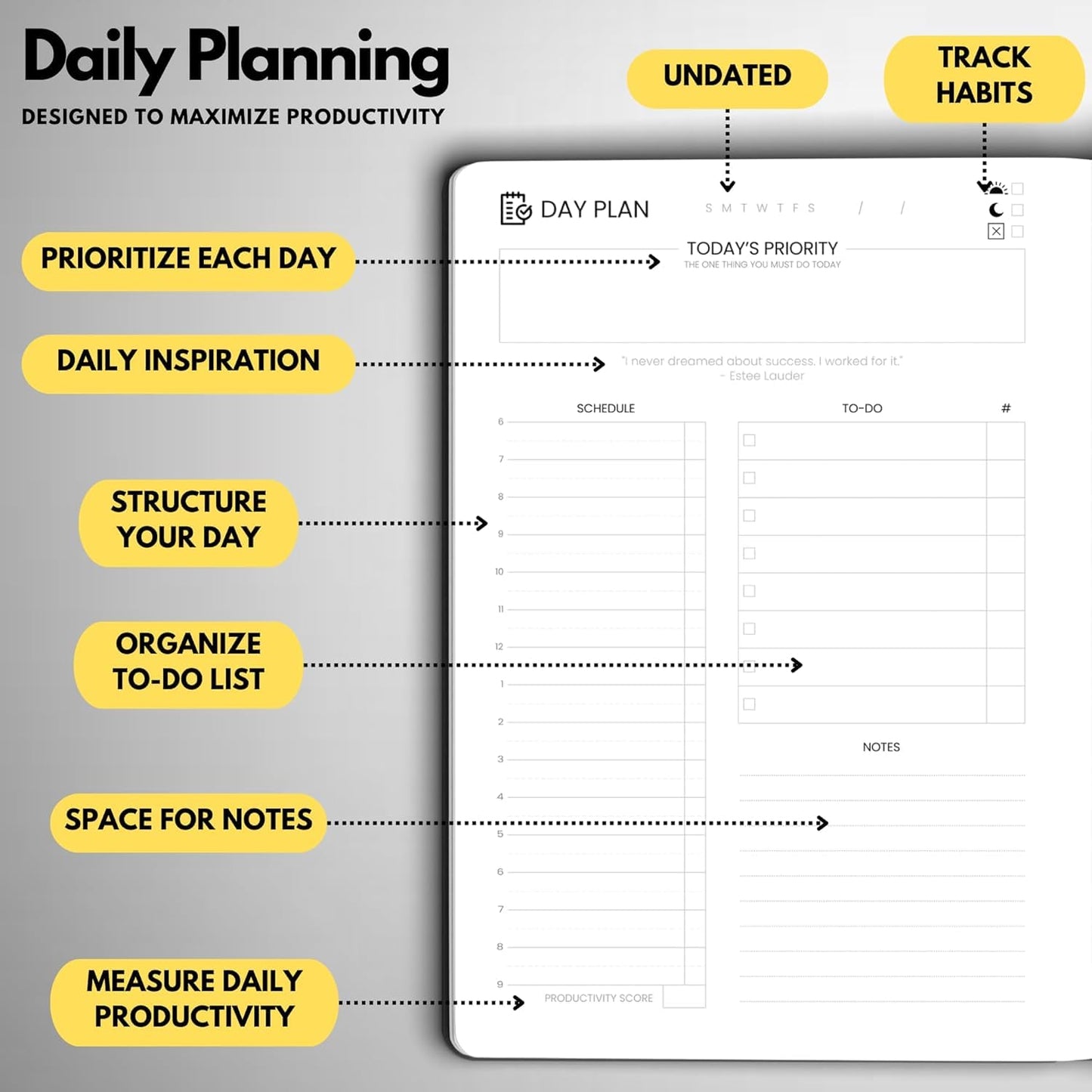 Wyze Planner Undated Daily Planner – 3-Month A5 Productivity Organizer with Full Page Per Day, Hourly Schedule, Goal Setting, Habit Tracker, Weekly & Monthly Pages – Hardcover Time Management Notebook (Black)