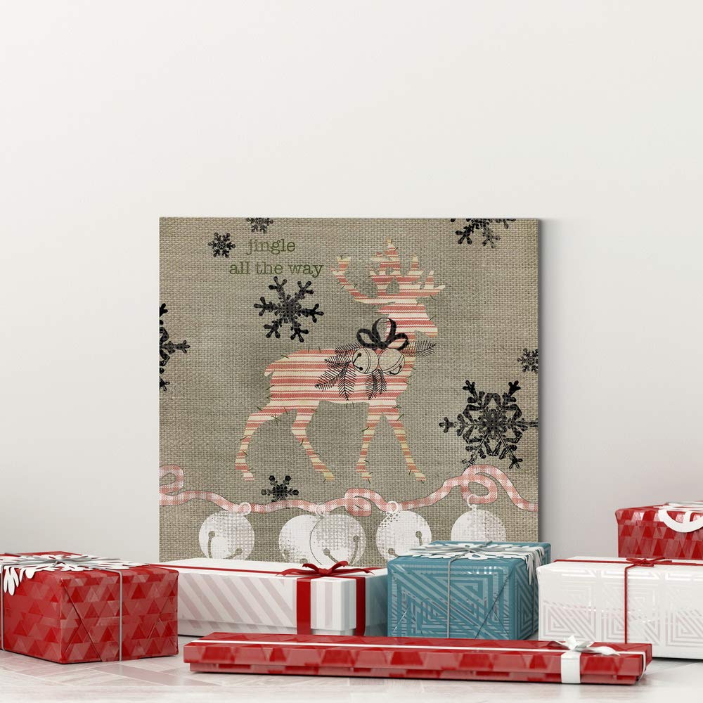 Renditions Gallery Jingle All the Way Reindeer Wall Art, Christmas & Winter Decor, White & Red Striped Fabric Look, Premium Gallery Wrapped Canvas, Ready to Hang, 40 in H x 40 in W, Made in America