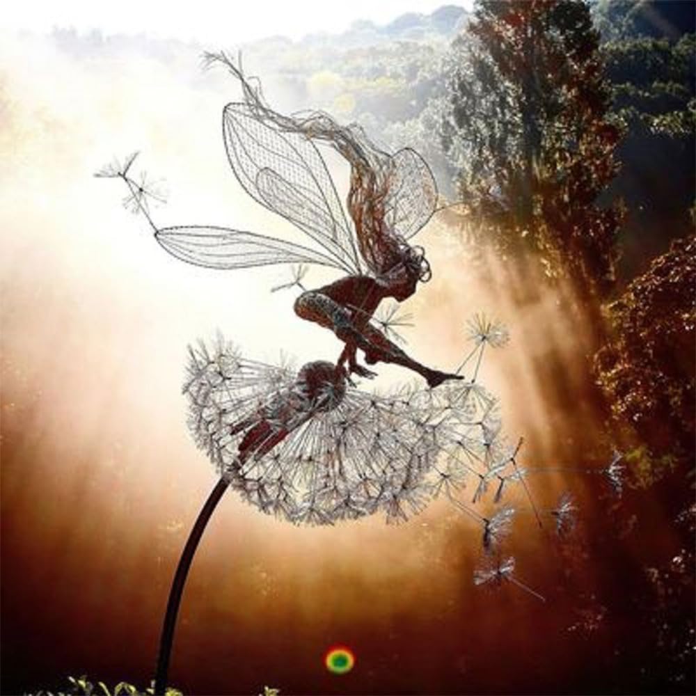 Fcteap Flower Fairy Dancing with Dandelion Garden Art Sculpture Stainless Steel Statue Christmas Halloween Decoration for Outdoor Yard Courtyard Lawn Patio Metal Ornaments (Hurdle)