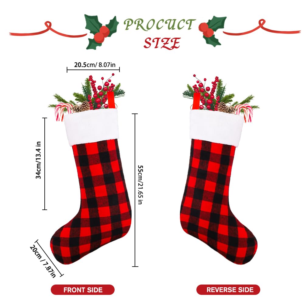 YUJUN 6 Pack 22 Inches Christmas Stockings, Xmas Large Black Red Buffalo Plaid Hanging Stockings Decorations for Christmas Tree Fireplace Family Holiday Party Decor (Red&White)