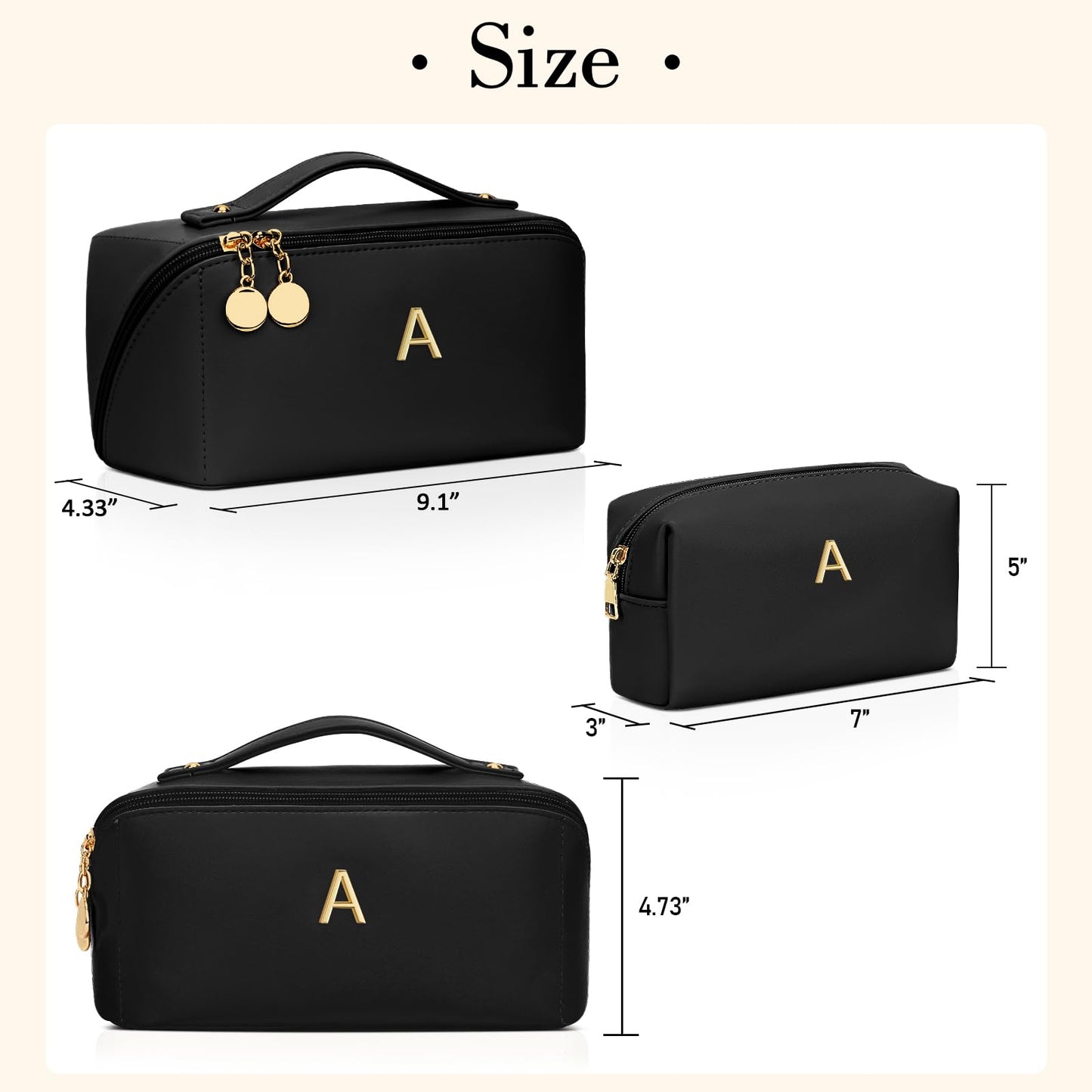 CLOUDWINGS Birthday Gifts for Women Teen Girl, Personalized Initial Makeup Organizer Bag Set, Open Flat Travel Cosmetic Bag With Clear Divider and Handle(Black,A)