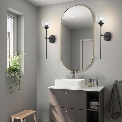 KCO Lighting Matte Black Industrial Wall Sconces Set of Two 1-Light Mid Century Bathroom Wall Mounted Light Sconce Modern Clear Bubble Glass Globe Wall Sconce Lamp Set of 2