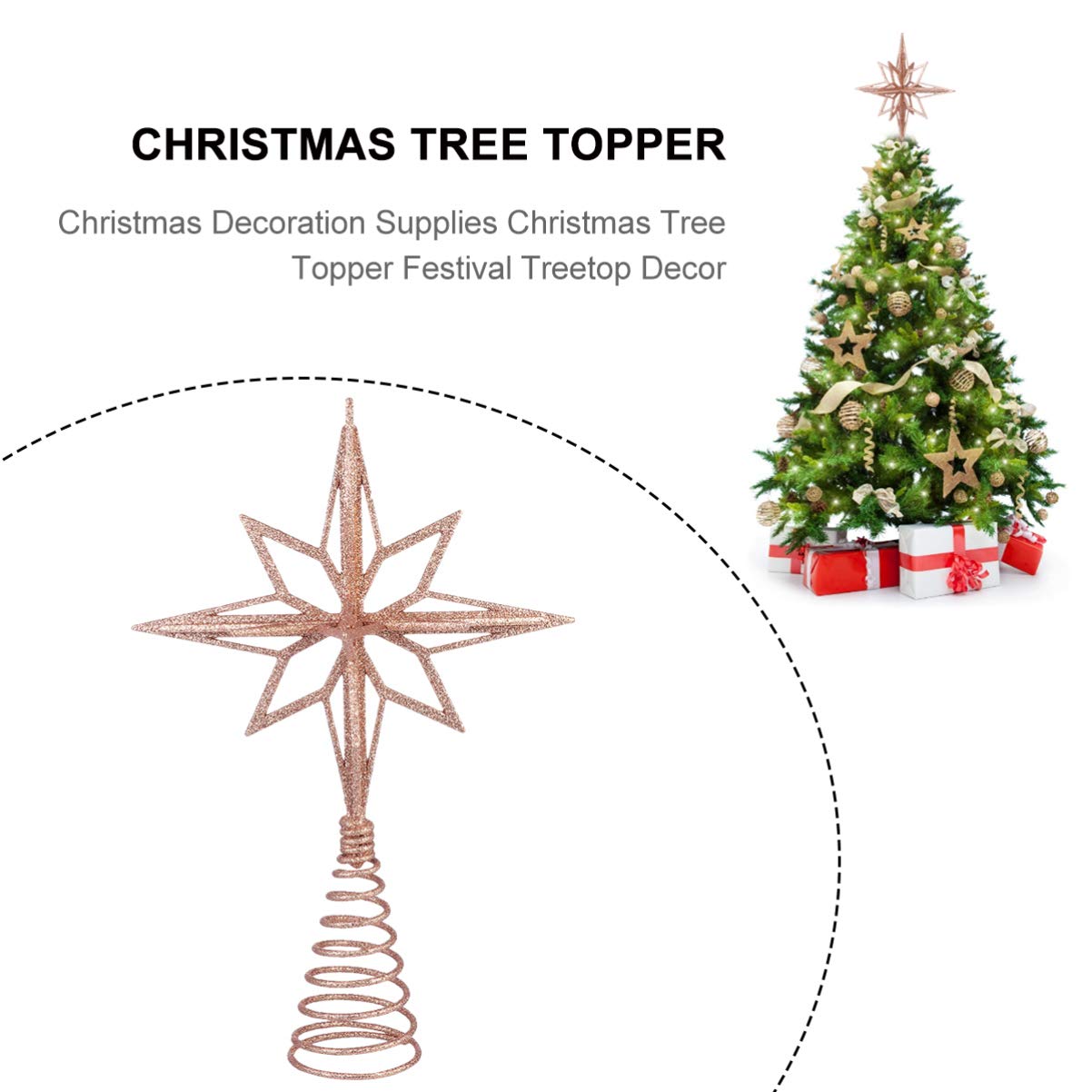 Glitter Star Tree Topper: 11 Inch Rose Gold Metal Christmas Tree Topper - Sparkling Xmas Top Decor for Modern Holiday Home Decoration