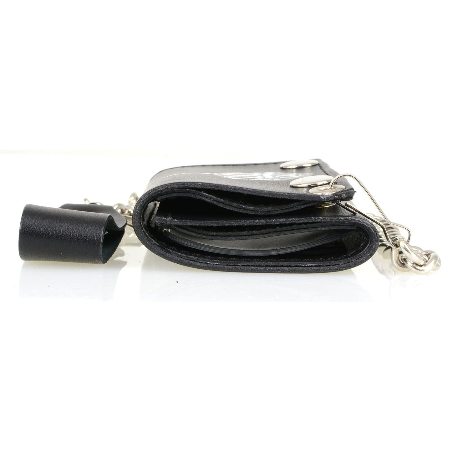 Milwaukee Leather MLW7840 Men's 4” Black Leather Biker Wallet - Tri-Fold Anti - Theft Stainless Steel Chain w/Skeleton Finger - One Size