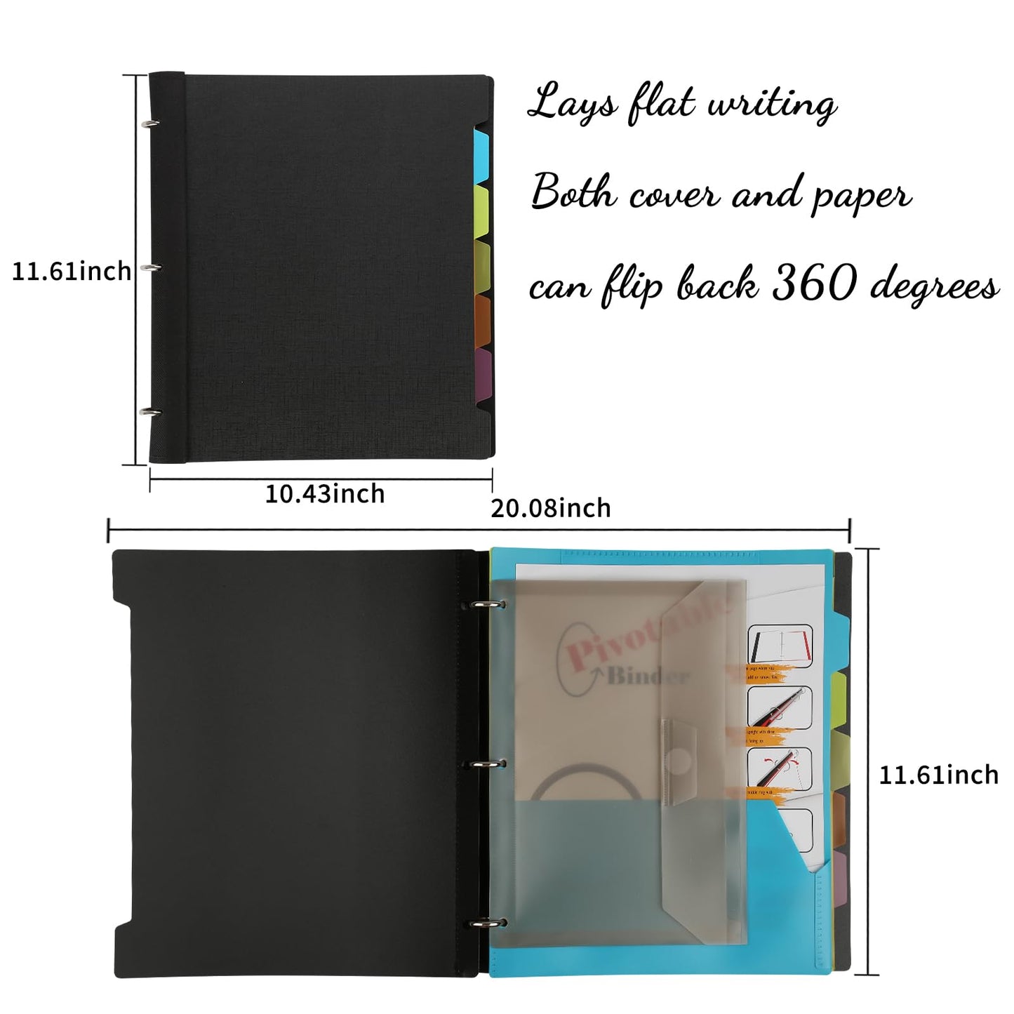 Tashkummy Pivotable Refillable Notebook, 3 Ring Binder Notebooks 1 Inch, Notebook with Dividers and Pockets, Folder Notebook, Flexible Binder, Soft Binders 3 Ring, Foldable Binder- Black
