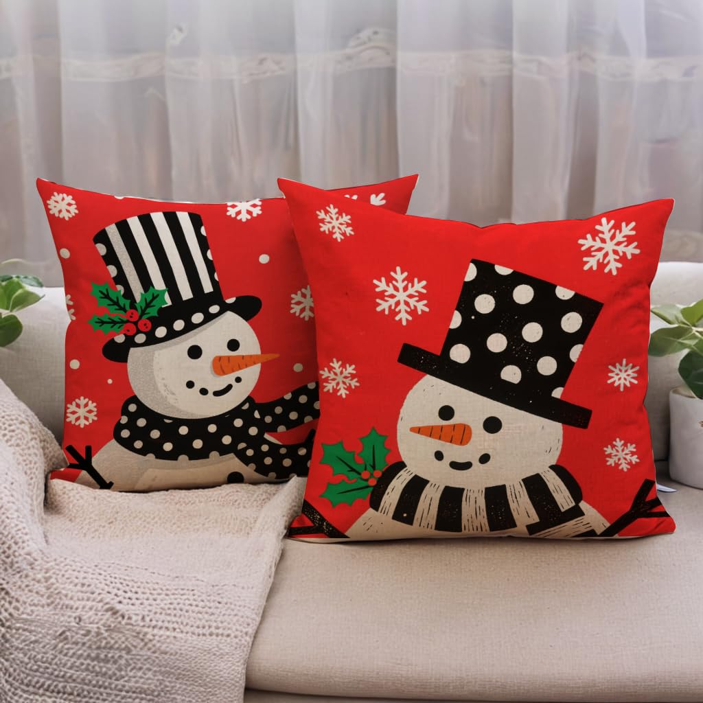 7COLORROOM Set of 4 Christmas Red Pillow Cover Lovely Snowman Festival Throw Cushion Cover Home Decorative Winter Cotton Linen Pillowcases 18" x 18"(Snowman)