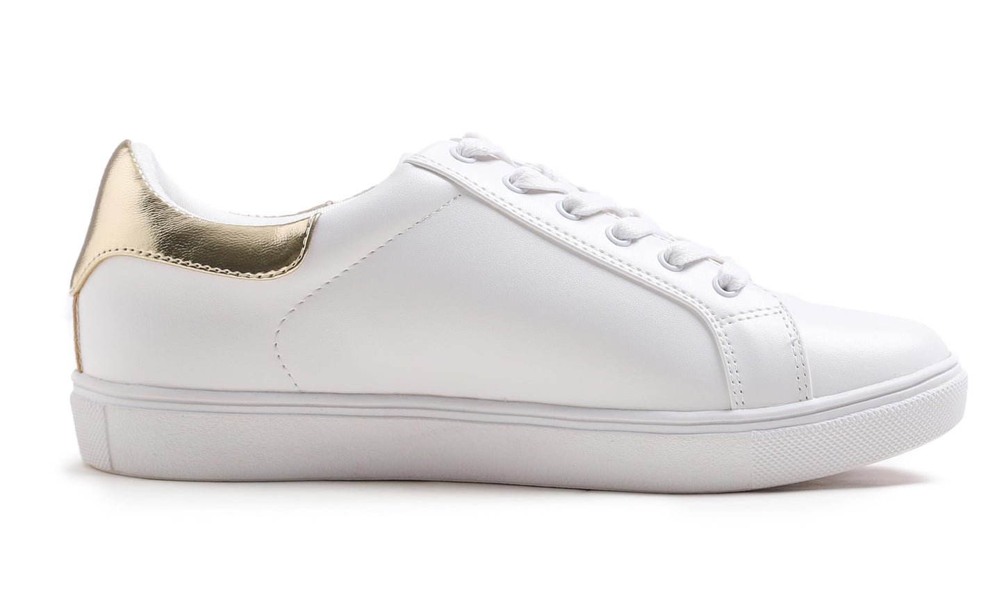FEVERSOLE Women's Featured PU Leather Colorful Lace Up Sneaker White Glitter Gold Star Size 7.5 M US