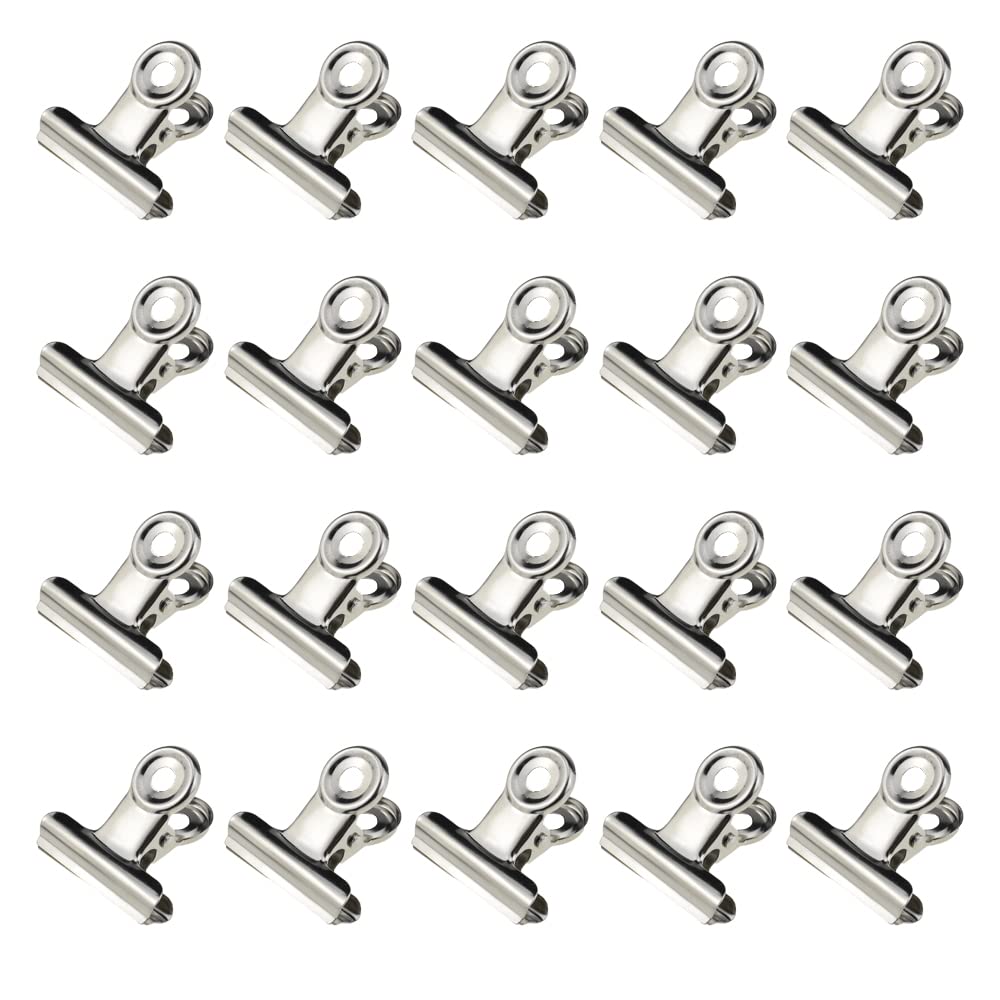 HAHIYO 1.25inch Silver Bulldog Clips Metal File Hinge Binder Clips Clamps Save Space Strong Spring Jaws Rock Solid Grip Book Lay Flat Deburred Edge for Hang Photos Wall Grid Dog Food 20PCS