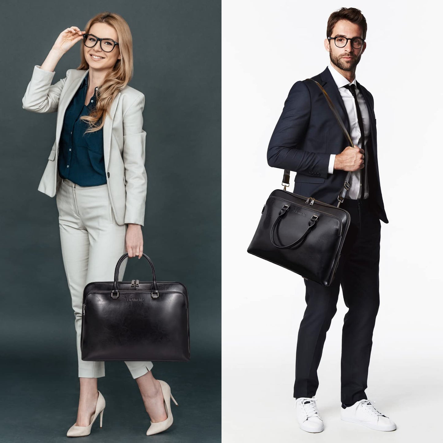 Blofinche Genuine Leather laptop Briefcase: Messenger shoulder bag 15 16 inch men macbook case women work satchel designer handbag Black