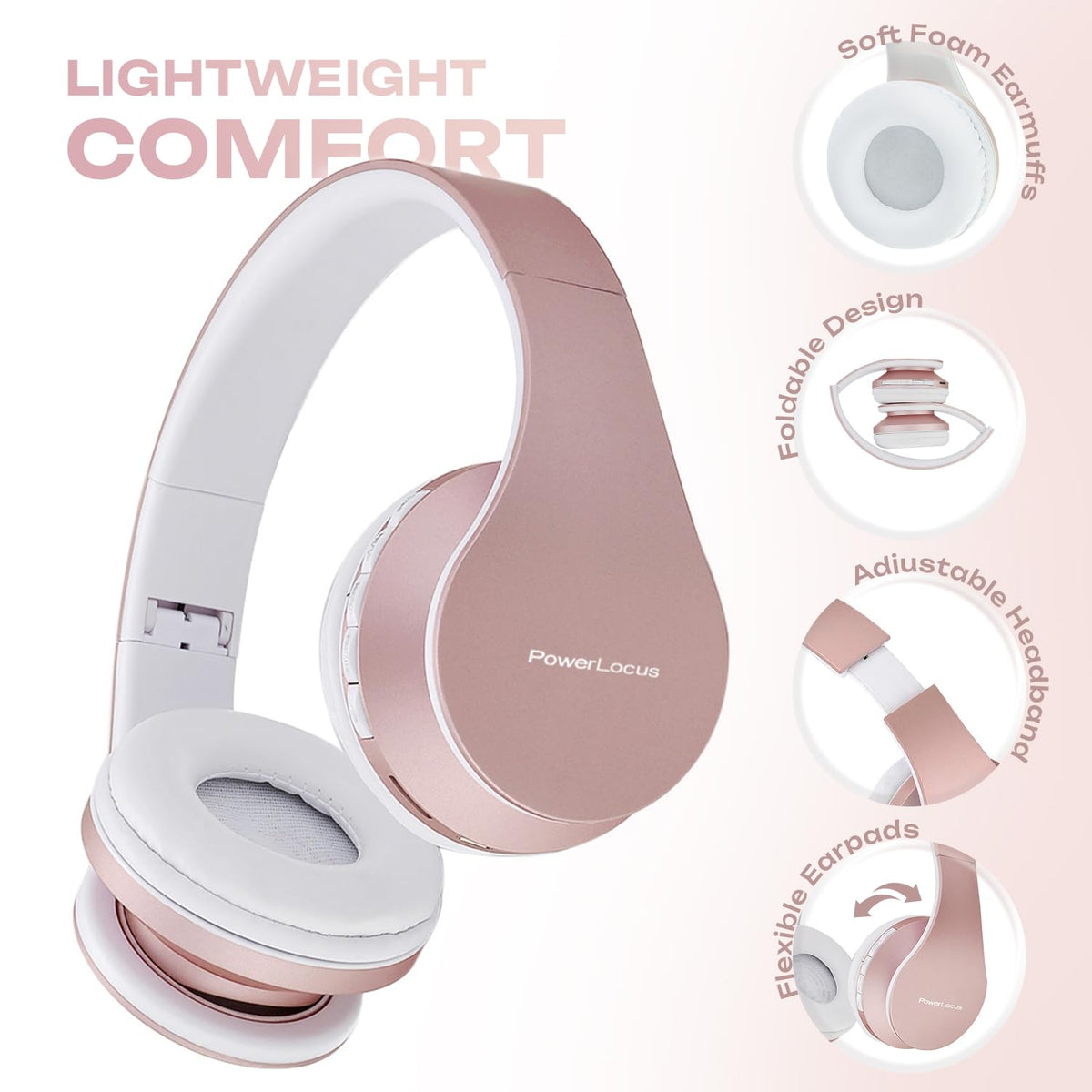 PowerLocus Wireless Bluetooth Over-Ear Stereo Foldable Headphones, Wired Headsets with Built-in Microphone for iPhone, Samsung, LG, iPad (Rose Gold)
