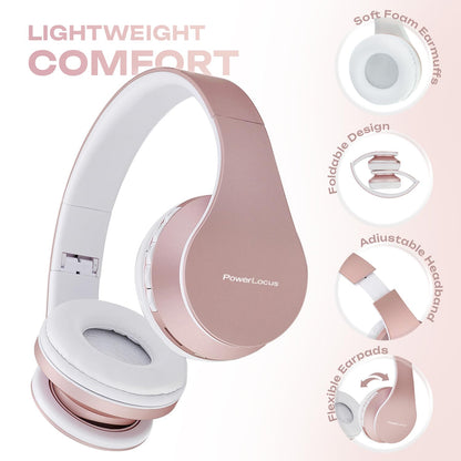 PowerLocus Wireless Bluetooth Over-Ear Stereo Foldable Headphones, Wired Headsets with Built-in Microphone for iPhone, Samsung, LG, iPad (Rose Gold)