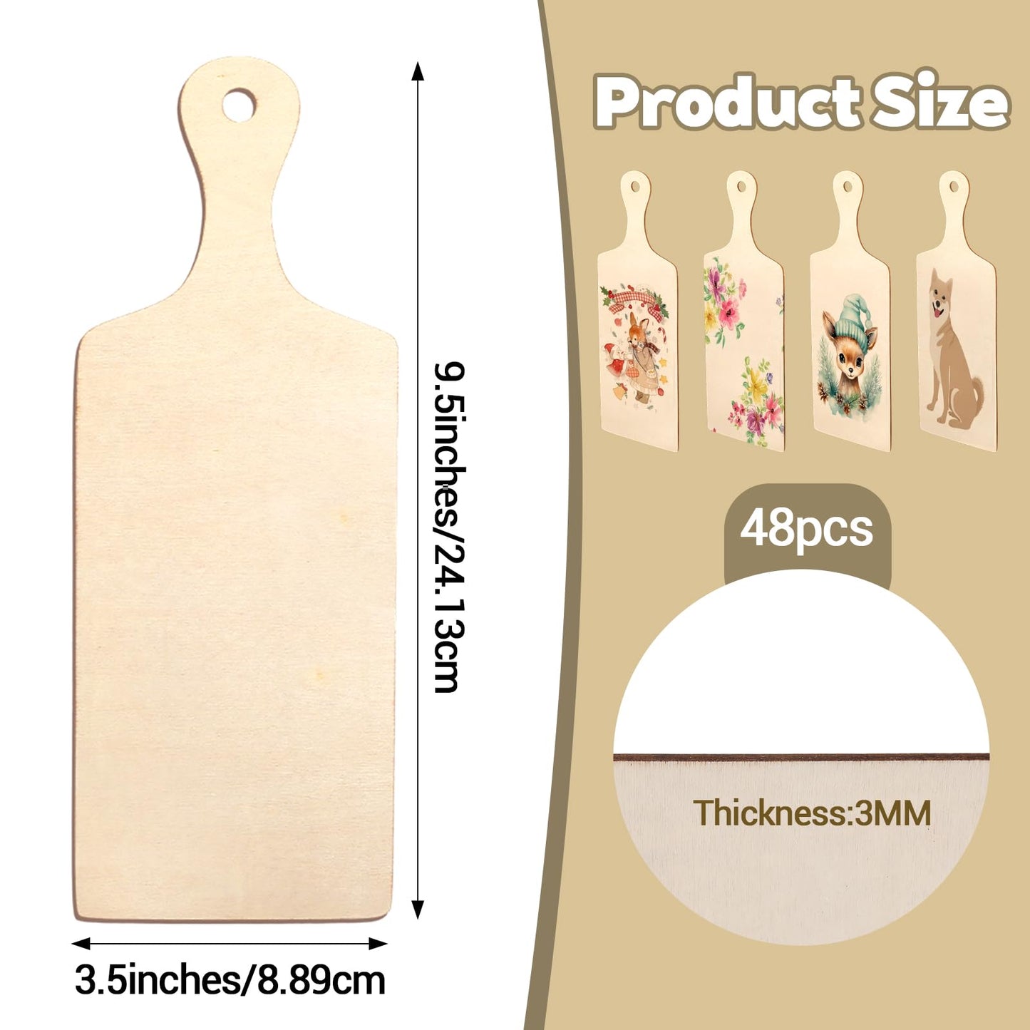 48 Pcs Mini Wooden Cutting Board with Handle, 9.5x3.5 Inch Original Wood Charcuterie Serving Boards for DIY Crafts, Kitchen Decor, and Christmas Thanksgiving Gifts
