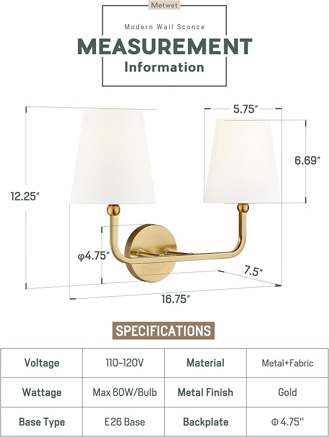 2-Light Bathroom Light Fixtures, Brushed Gold Vanity Lights, Double Wall Sconce with Flared White Fabric Shade, Modern Sconces Wall Lighting for Hallway Bedroom Stairway, VL837-BG-2-S