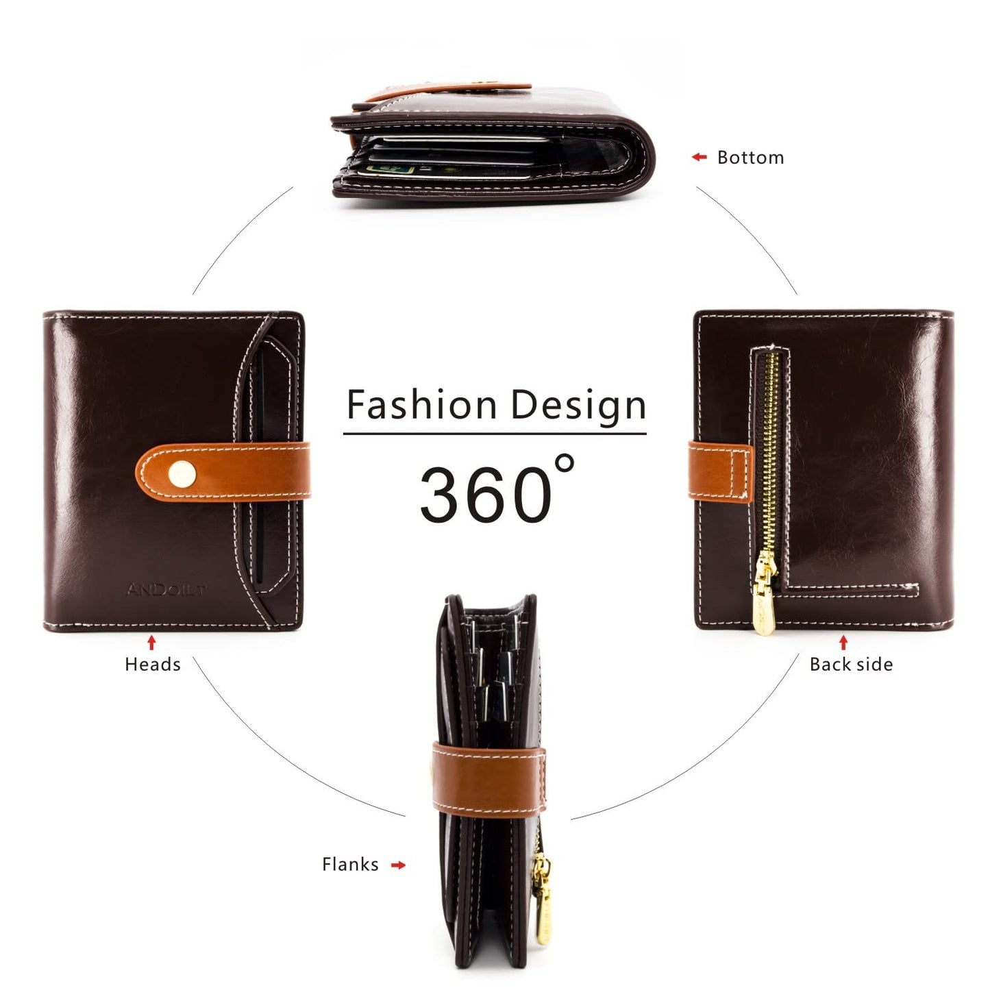 ANDOILT Wallets for Women Genuine Leather Small Bifold Wallet RFID Blocking Card Case Purse with ID Window Coin Pocket Coffee
