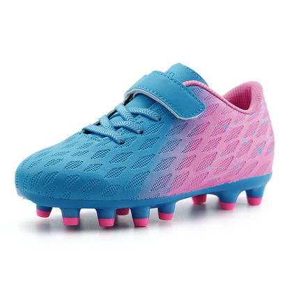 brooman Kids Firm Ground Soccer Cleats Boys Girls Athletic Outdoor Football Shoes(13,Blue Pink)