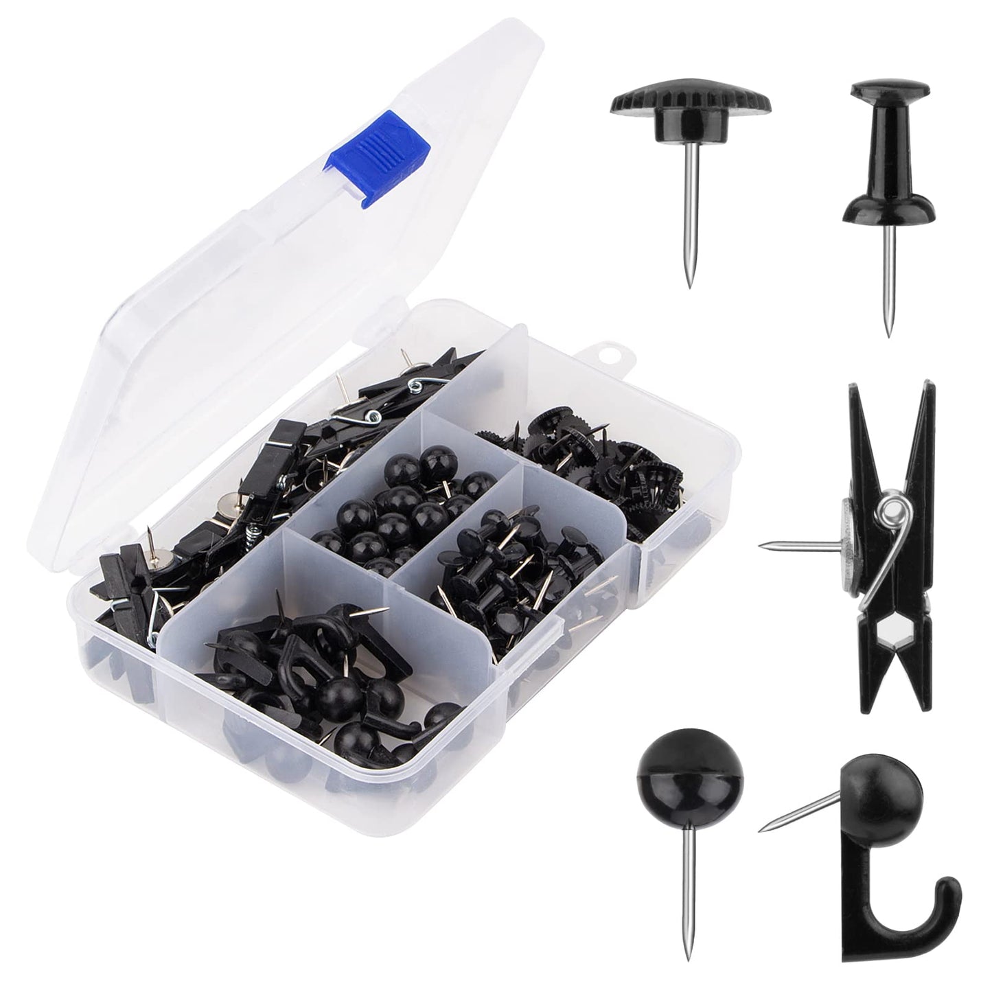 Push Pins Set, 5 Styles Thumb Tacks Map Pins, Steel Point Pushpins Thumbtacks for Cork Board Bulletin Boards (Black-140pcs)