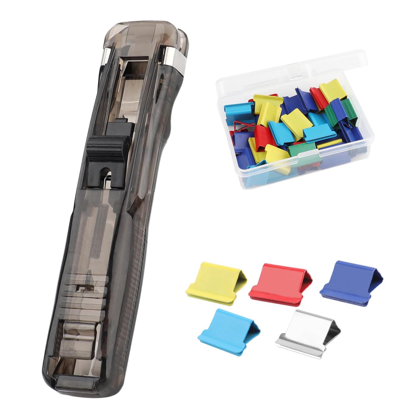Reusable Handheld Paper Clam Clip Dispenser with 50 Metal Refill Clips,Reusable Creative Stapler, Portable Mini Stapler, Binder Clip Stapler for Office Document Home School Supplies