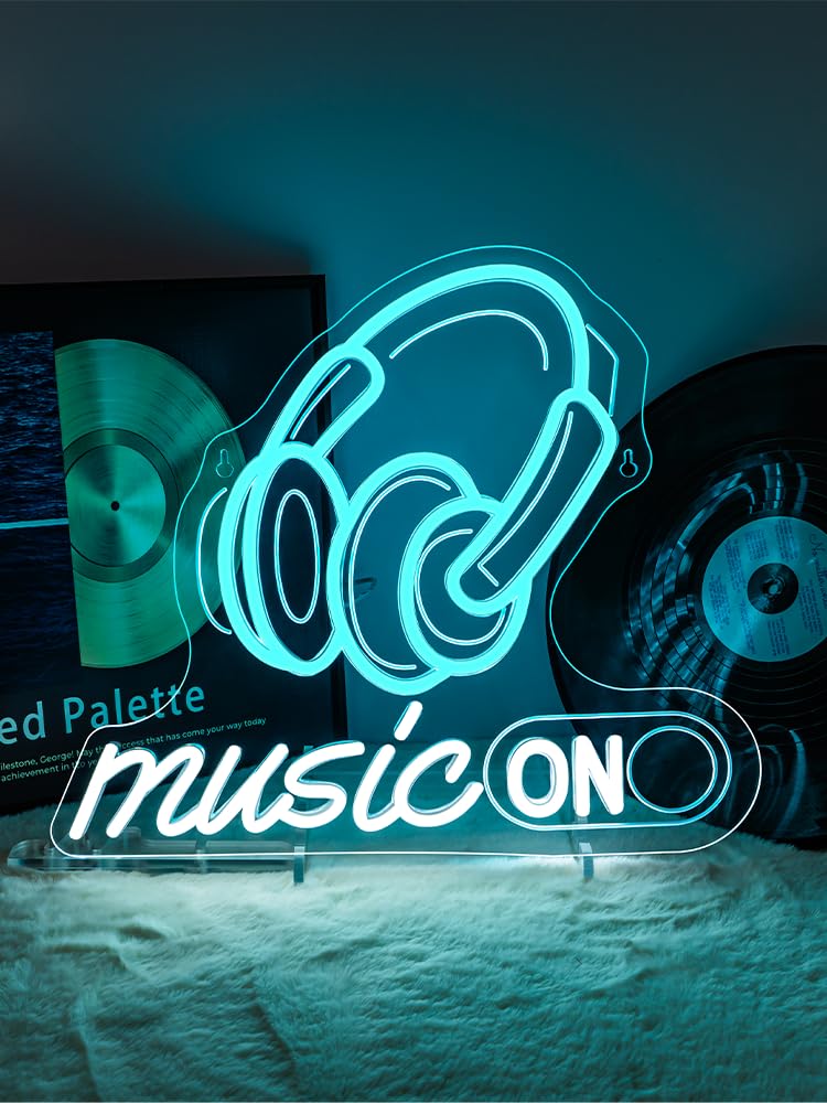 Horseneon Music On Neon Sign Rhythmic LED Wall Decor for DJ Studios, Music Rooms & Gamer Setups, USB-Powered with Adjustable Brightness, Headphones Design