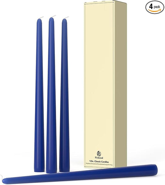 12-Inch Tall Dripless Taper Candles Set of 4 - Classic Blue Tapered Candles, Perfect for Spring - Smokeless, Unscented, Long Burning - Hand Poured, Colored Tall Candlesticks - Dark Blue