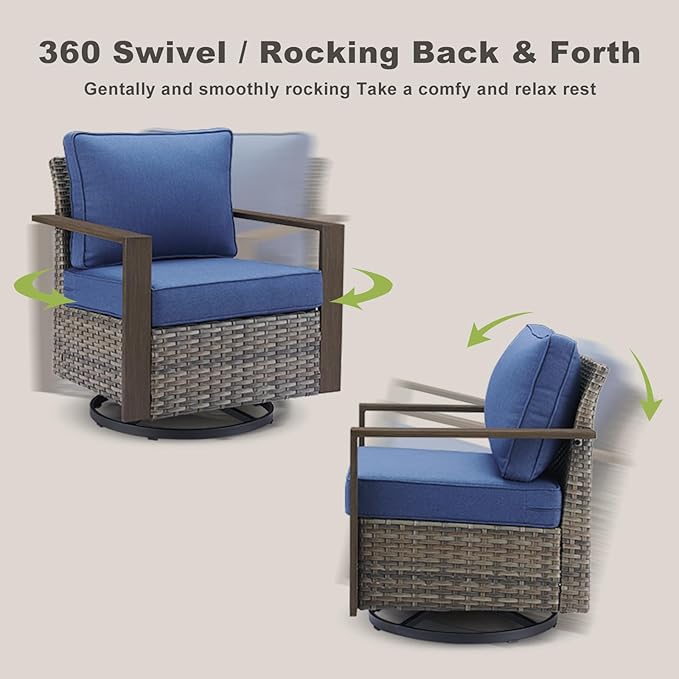 Outdoor Patio Swivel Rocker Chairs - 3 Piece Wicker Patio Furniture Bistro Set with 2 Swivel Rocking Chairs and 1 Metal Side Table,Thick Cushions,Deep Seating for Deck Porch Garden(Mixed Grey/Blue)