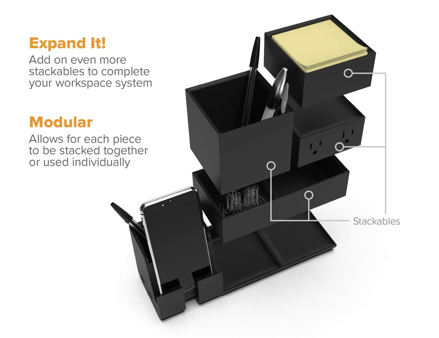 Bostitch Office Konnect Desk Organizer and Charging Station, 2 USB Ports & 2 Plugs, Charges Phones & Tablets, Accessory Tray, 4-Piece Design, Black