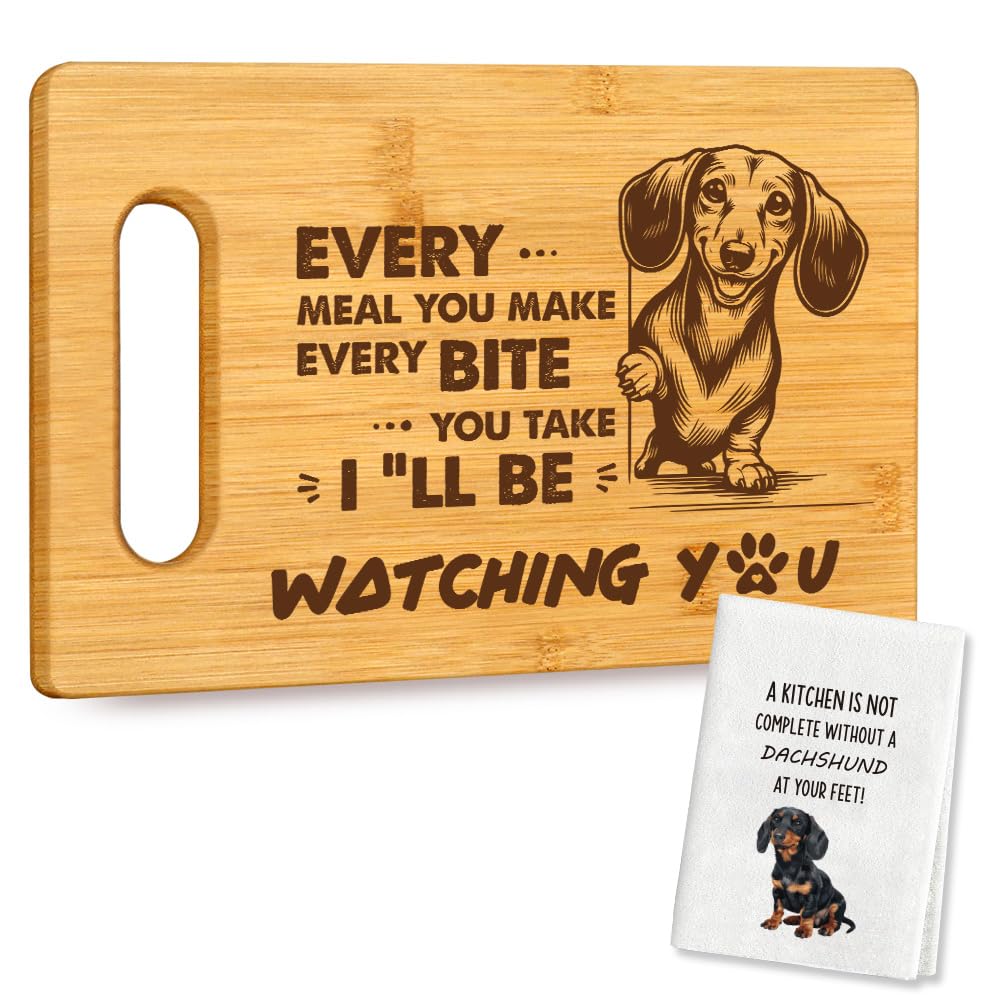 Housewarming Birthday Christmas Gifts for Dog Lovers Women Friends, Food Serving Bamboo Cutting Board Cheese Board for Home Kitchen Decor with Cute Towel, I'll Be Watching You - Dachshund Mom Dad