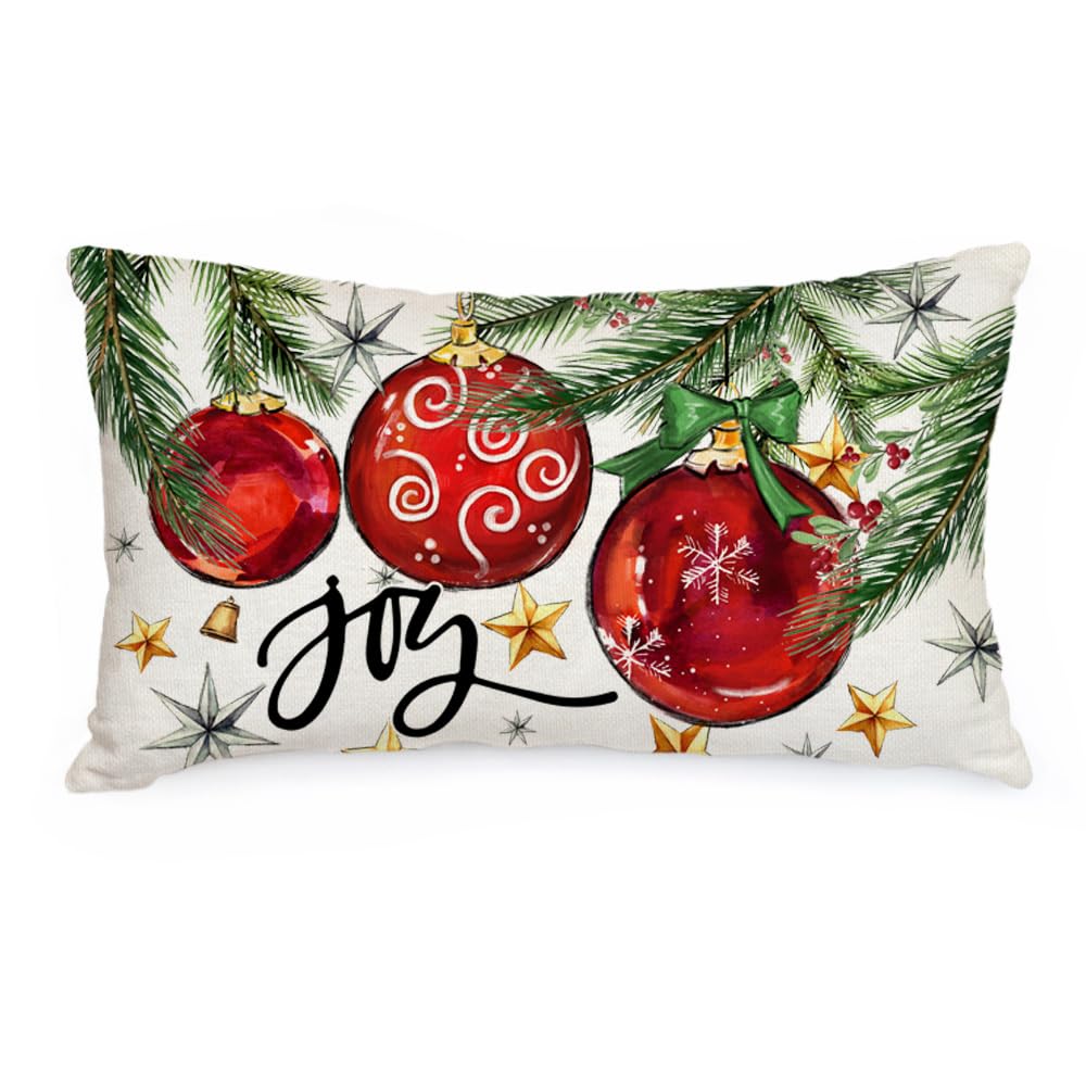 AACORS Christmas Pillow Cover 12X20 Inch Baubles Christmas Tree Stars Joy Decoration Holiday Farmhouse Winter Pillow Case for Sofa Couch Decor（Red） AA613-12