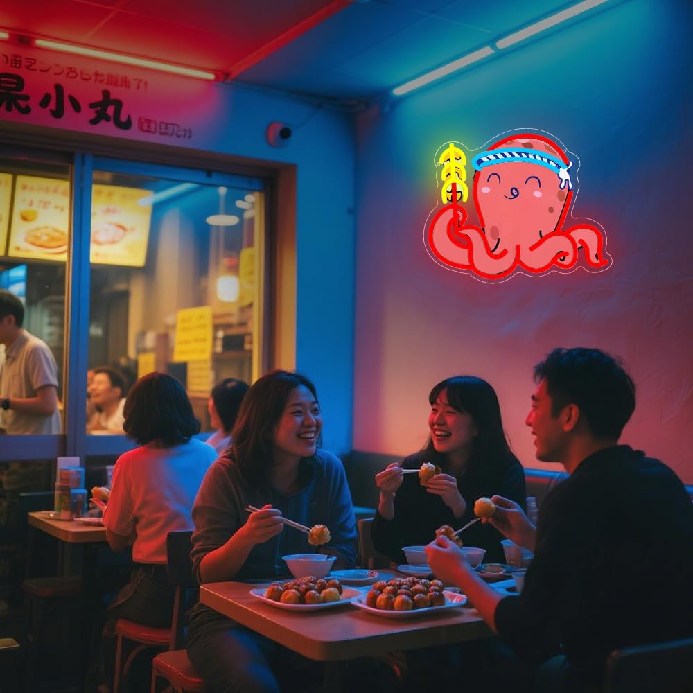 RuCvixkt Takoyaki Octopus Neon Signs for Wall Decor, Japanese Anime Sushi Neon Sign USB Powered Light for Food Shop Kitchen Living Room Restaurant Decoration