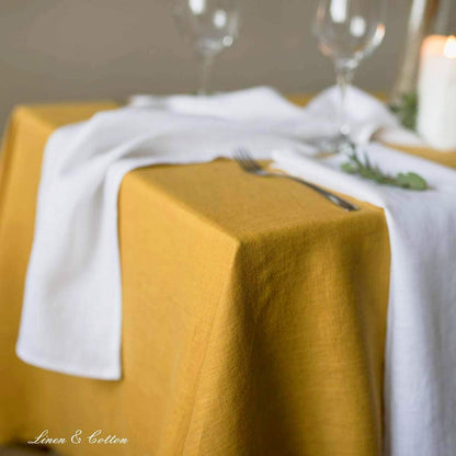 Linen & Cotton Tablecloth Table Linen Cloth Hygge - 100% Linen, Mustard Yellow (140 x 250 cm) Rectangular Washable Table Cloth for Home Kitchen Dining Table Decoration Restaurant Hotel Summer Party