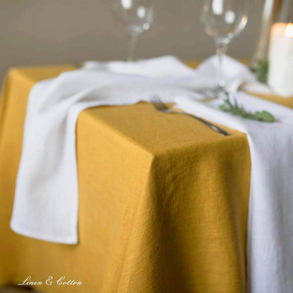 Linen & Cotton Tablecloth Table Linen Cloth Hygge - 100% Linen, Mustard Yellow (140 x 250 cm) Rectangular Washable Table Cloth for Home Kitchen Dining Table Decoration Restaurant Hotel Summer Party