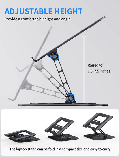Adjustable Computer Stand with 360 Rotating Base, Ergonimic Foldable Laptop Riser for Desk Compatible with MacBook Pro/Air Notebook up to 16 Inches, Silver