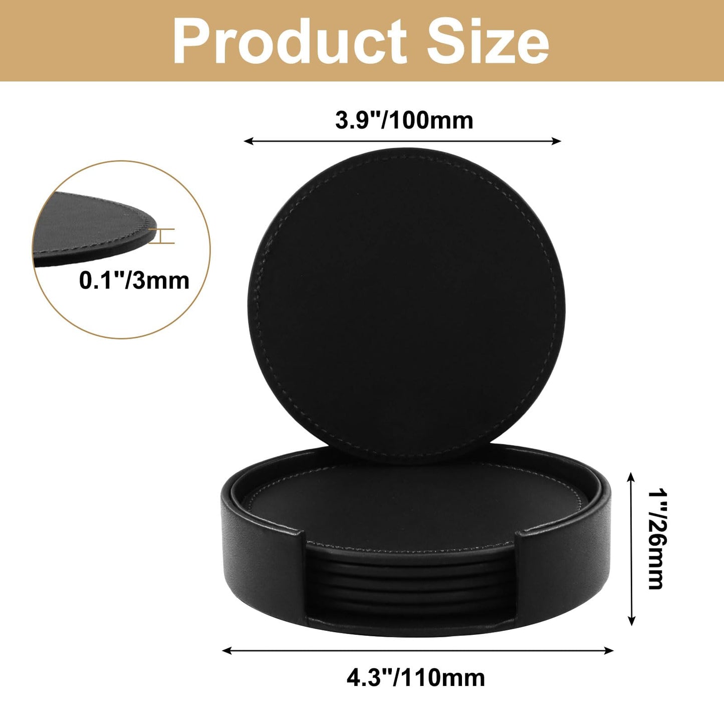 Rierdge Leather Coasters for Drinks Set of 6 with Holder, 4" Handmade PU Drink Coasters for Table Protection (Black)