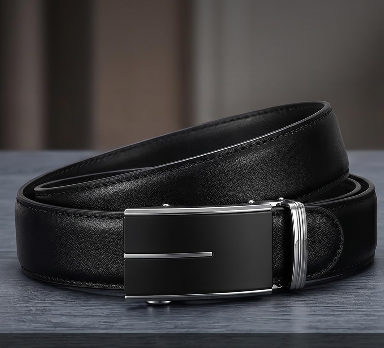 JINIU Mens Ratchet Belt Genuine Leather – Automatic Click Buckle Dress Belt with Minimalist Matte Black & Silver Design, Adjustable Trim to Fit Belt for Business, Work and Casual KT1 43"