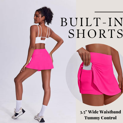 PINSPARK Women's Tennis Skirts Athletic Golf Skorts Skirts with Shorts Pocket for Running Workout Sports 13",Hot Pink Large