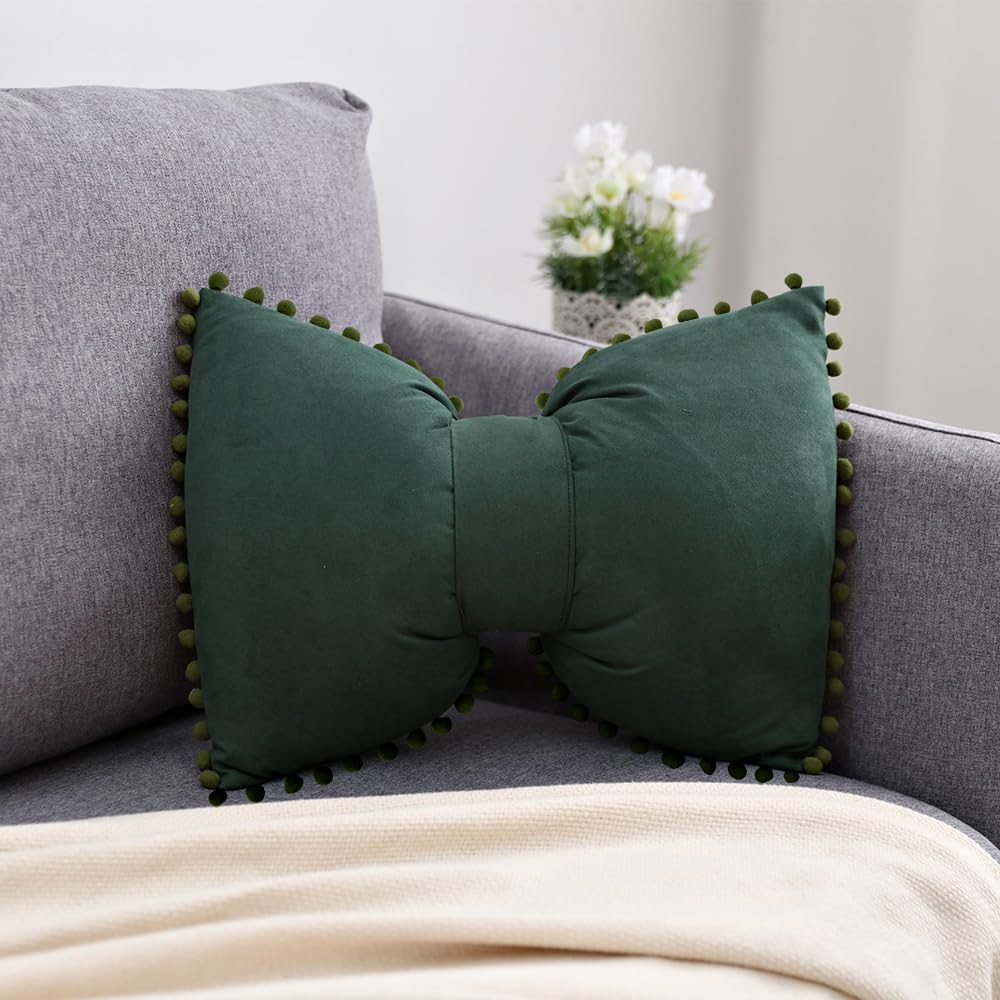 YDBDAT Velvet Soft Decorative Throw Pillow Covers with Pom Poms Christmas Cushion Pillow Cases Bow Lumbar Pillow Covers for Sofa Bed Couch Living Room 14 x 20 Decor Green