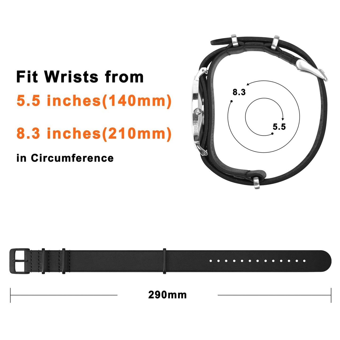 ANNEFIT Leather Watch Band 22mm, Genuine Calfskin One-Piece Military Watch Straps for Men and Women with Matte Black Buckle (Black)