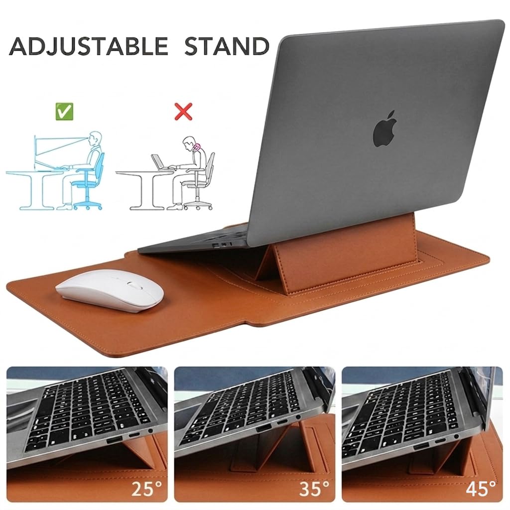 Gyanm 4-in-1 Laptop Sleeve with Stand and Mouse Pad, Faux Leather Protective Case with Accessory Pouch for 13.3-14 Inch Laptops, Brown
