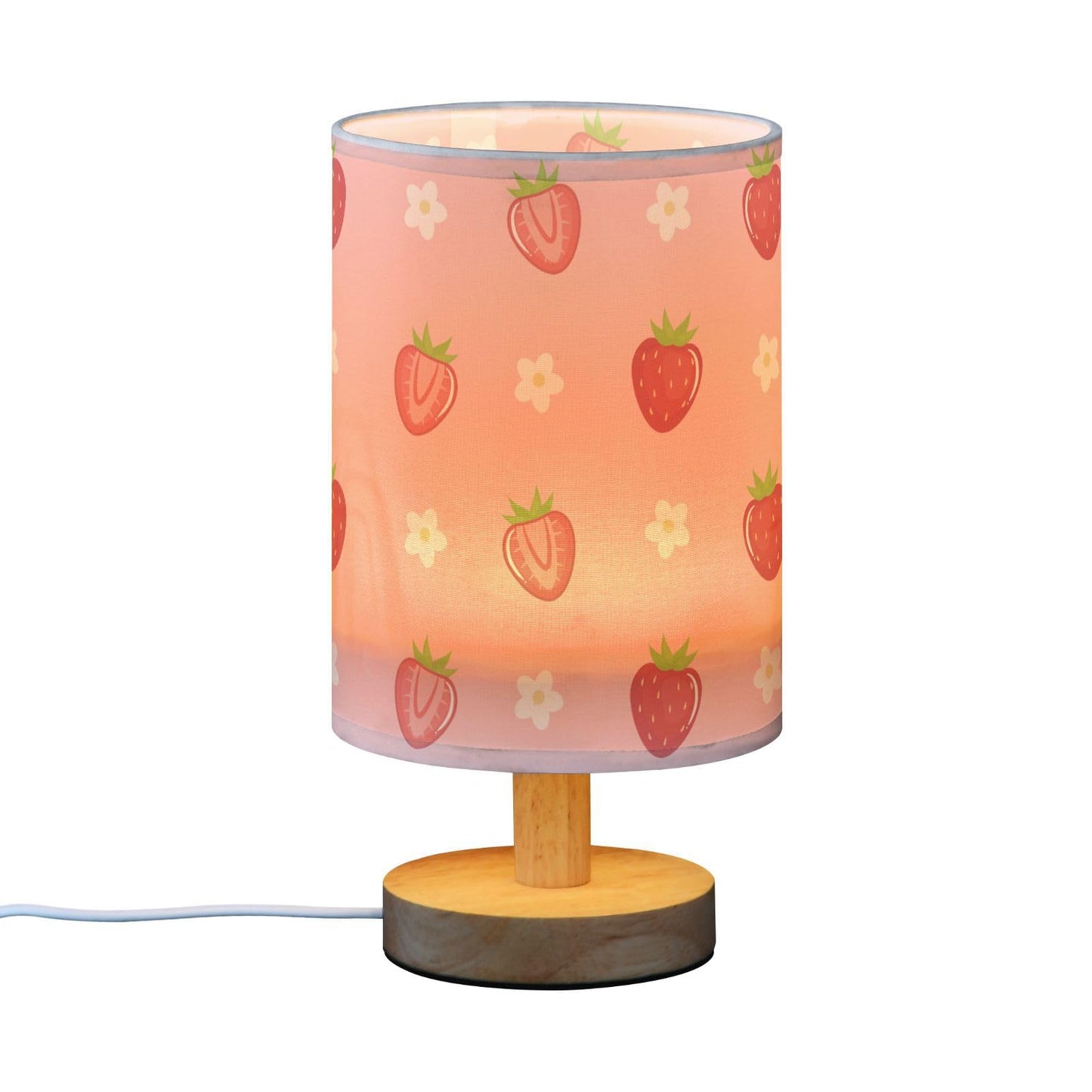Oarencol Bedside Table Lamp Cute Strawberry Florals Nightstand Lamp with Wood Fruits Flowers Pink Desk Lamps for Bedroom Living Room Nursery Office Home Decor